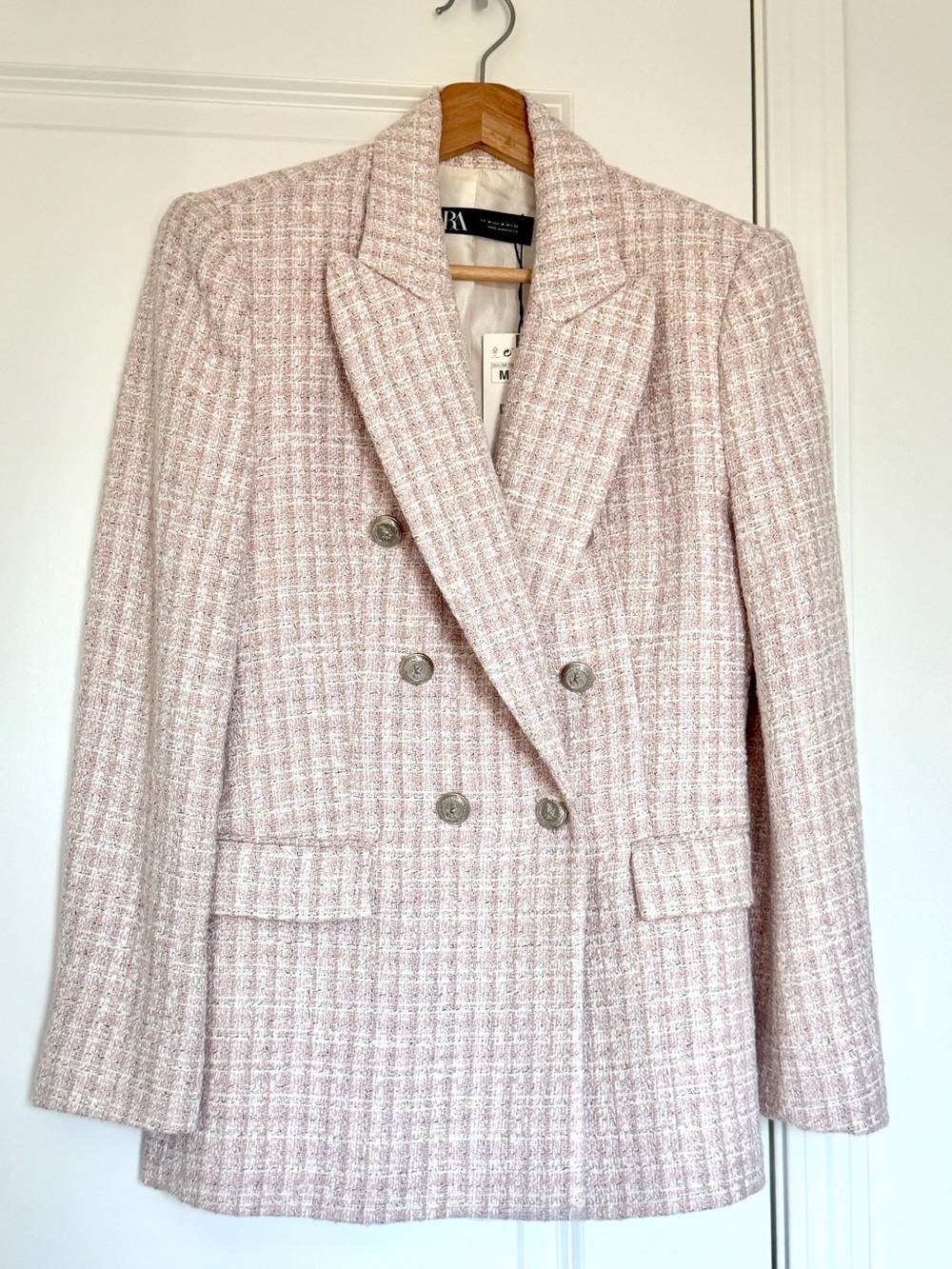 Zara Pink Tweed Double-Breasted Blazer – Size Medium – NWT
